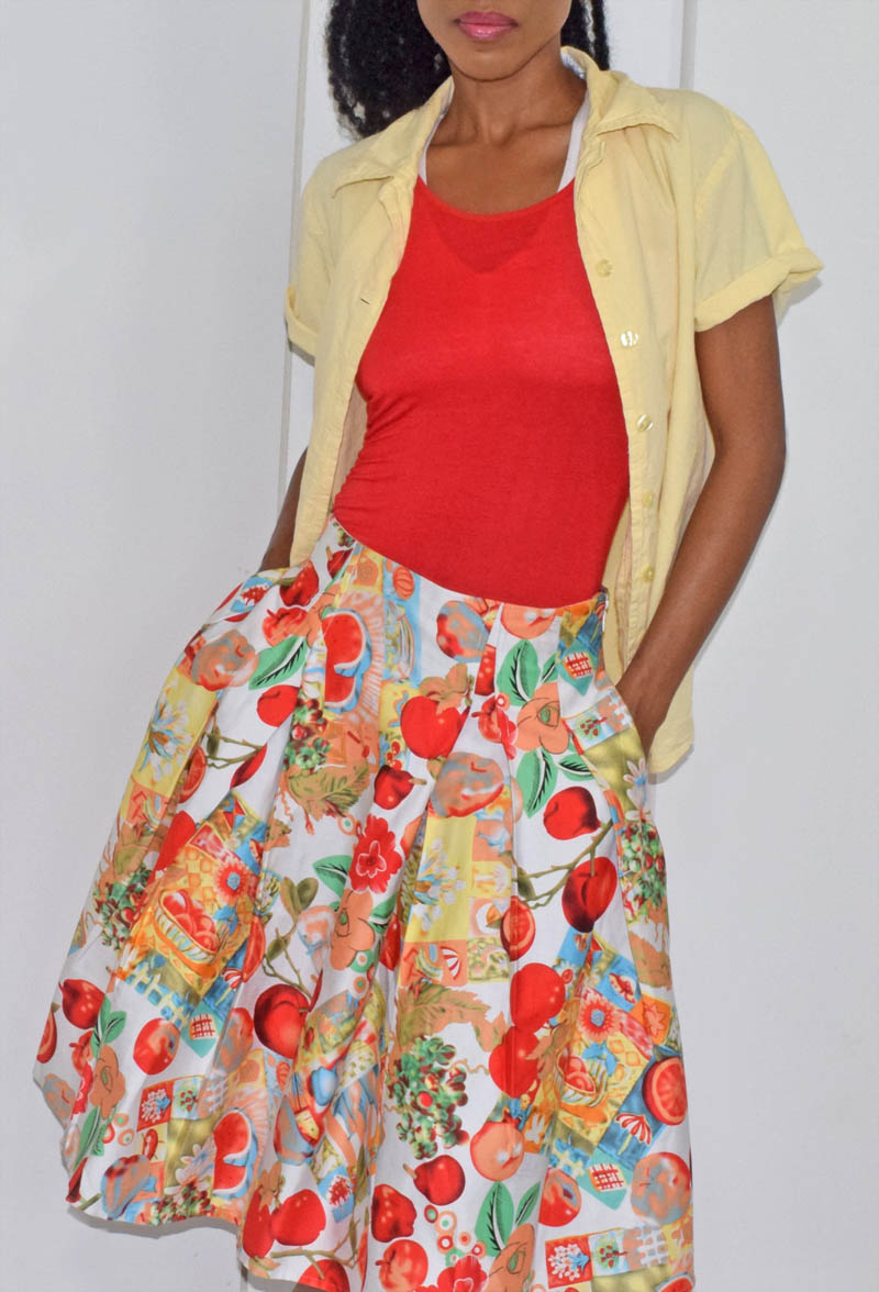 Grace Karin apples pomegranates fruits and flowers print skater skirt yellow shirt over red tank top