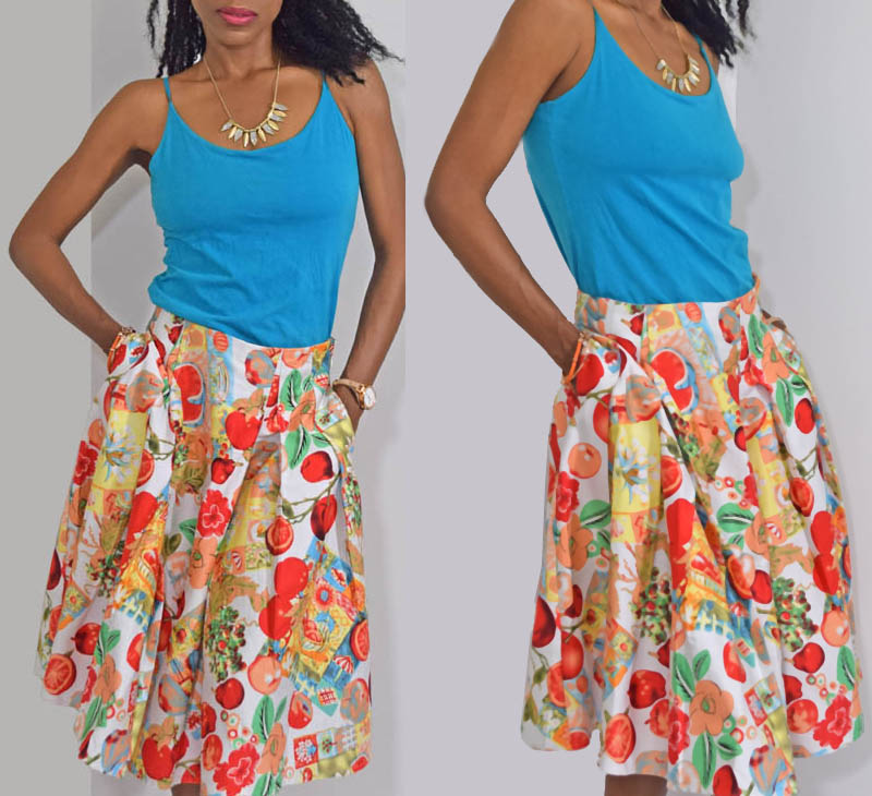 Grace Karin fruits and flowers flared print skirt turquoise tank top