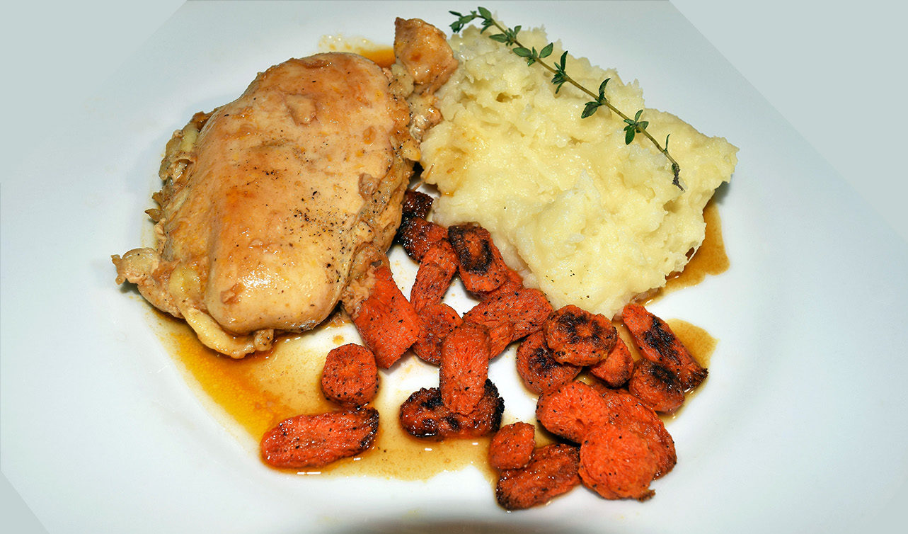 Hello Fresh Butter basted chicken with mashed potatoes and roasted carrots