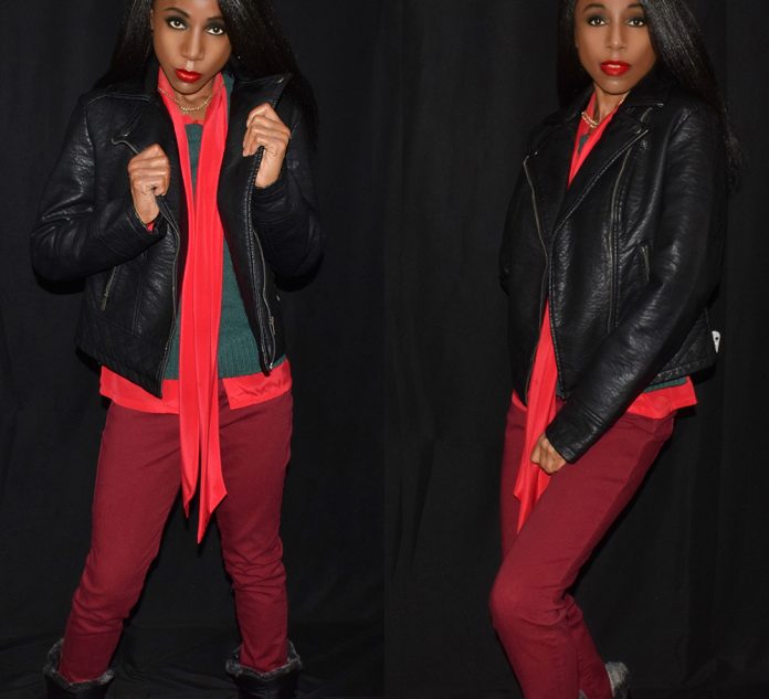 black faux leather jacket green sweater red bow blouse burgundy jeans fim