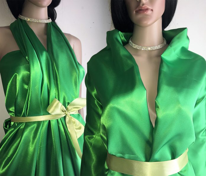monica designs green mesh sequin satin gown slipper satin fabric1