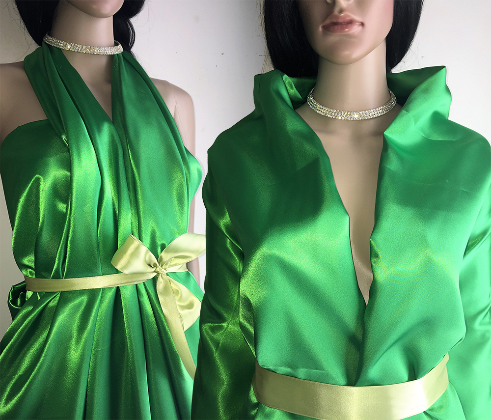 monica designs green mesh sequin satin gown slipper satin fabric1