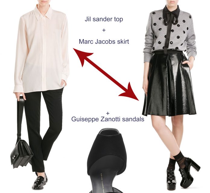 Jil Sander silk blouse Marc Jacobs faux leather skirt Guiseppe Zanotti platform sandals