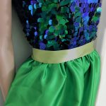 green sequin satin dress in progress  – Justine the mannequin