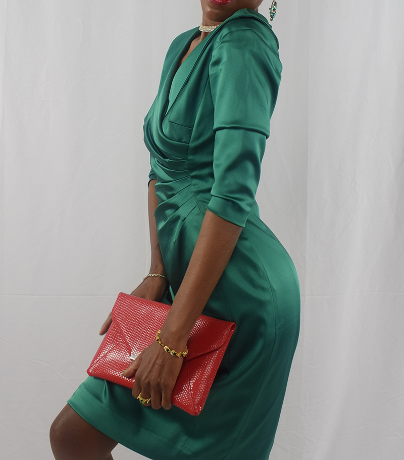 Monica Tahari green dress red clutch red heels February 13 2017