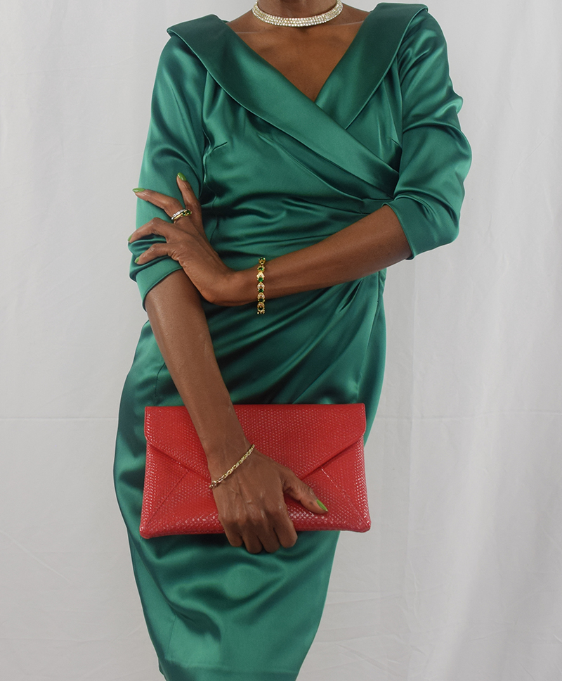 Monica Tahari green dress red clutch red heels February 13 2017