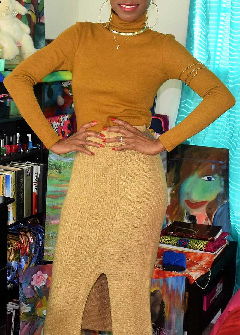 monica wearing WAYF franklin turtleneck tobacco with BP rib knit sweater skirt in tan toffee