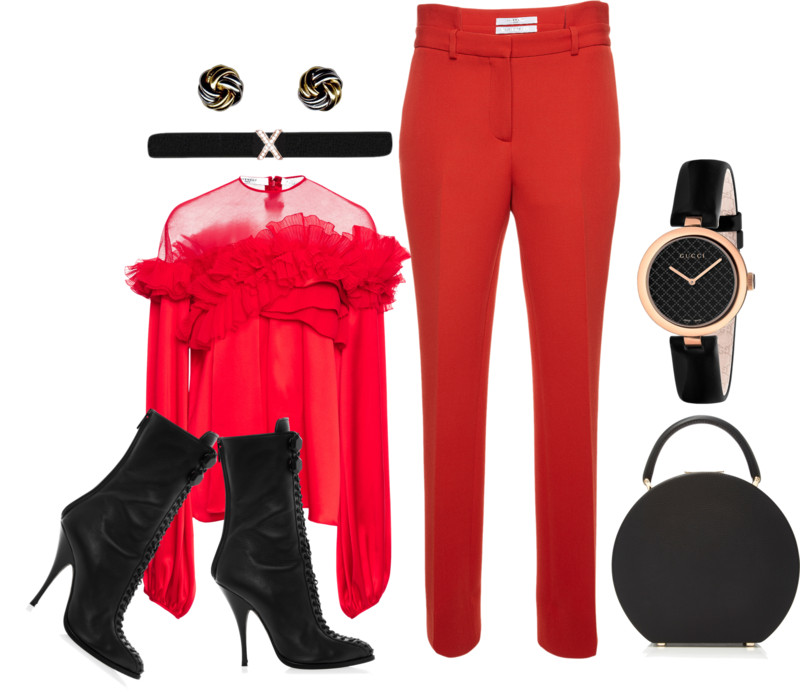 Givenchy red Silk Satin Ruffled Top Givenchy Slim Leg Trousers