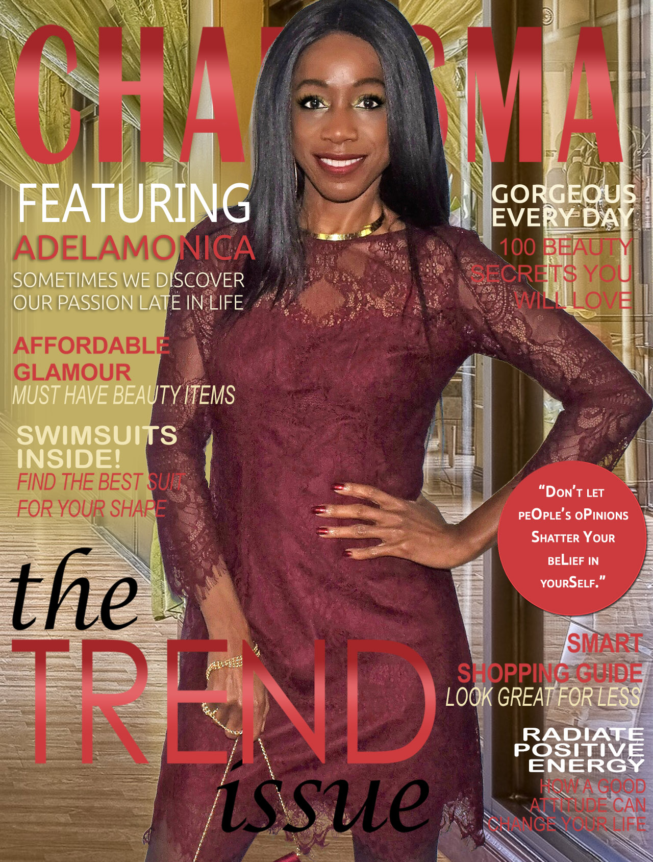 monica in the burgundy dress on fake magazine cover