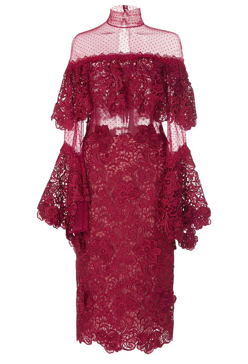 Costarellos Guipure lace tiered ruffle burgundy red cocktail dress