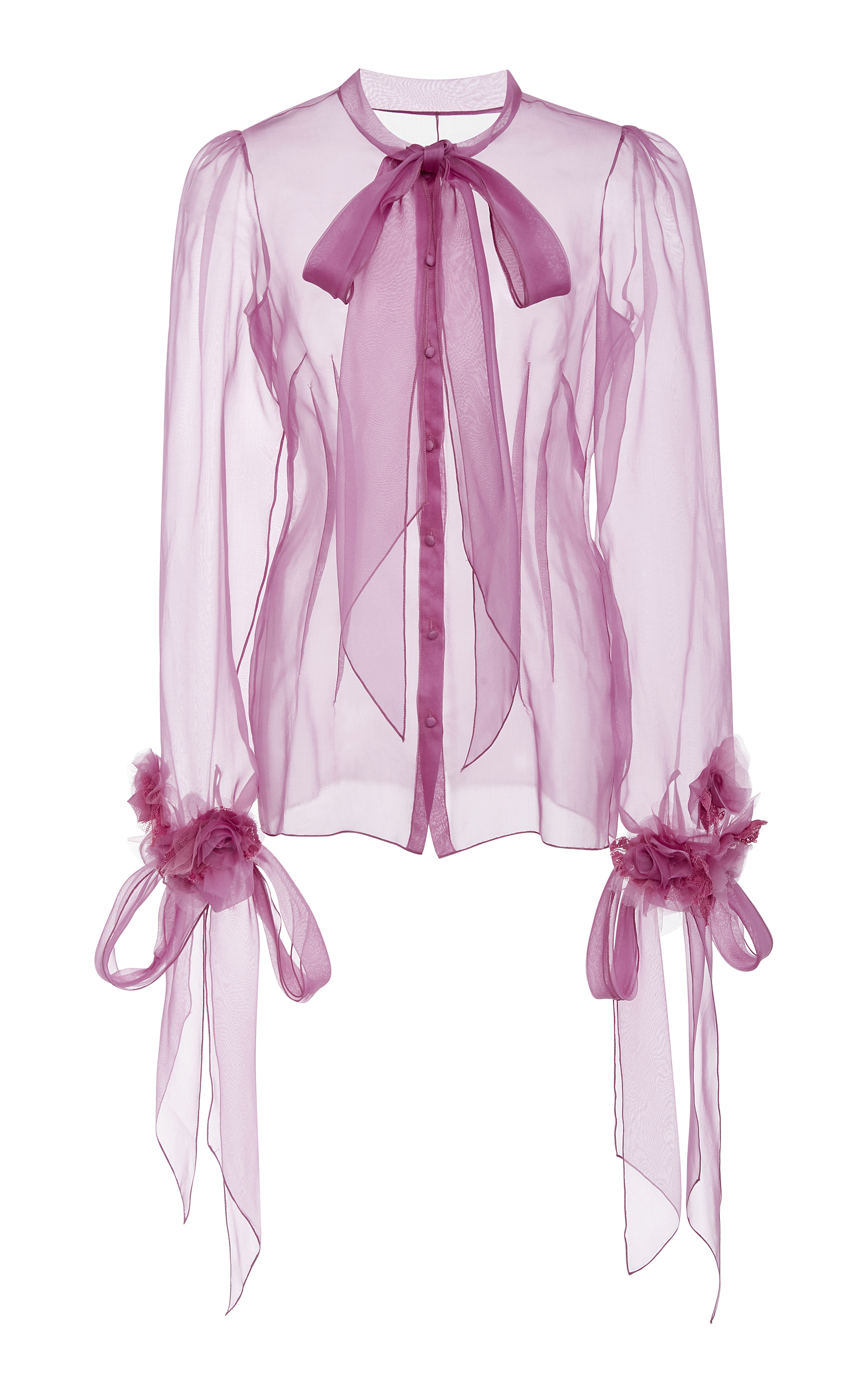 Marchesa SS18 Collection - sheer silk blouse puff sleeves color azalea pin
