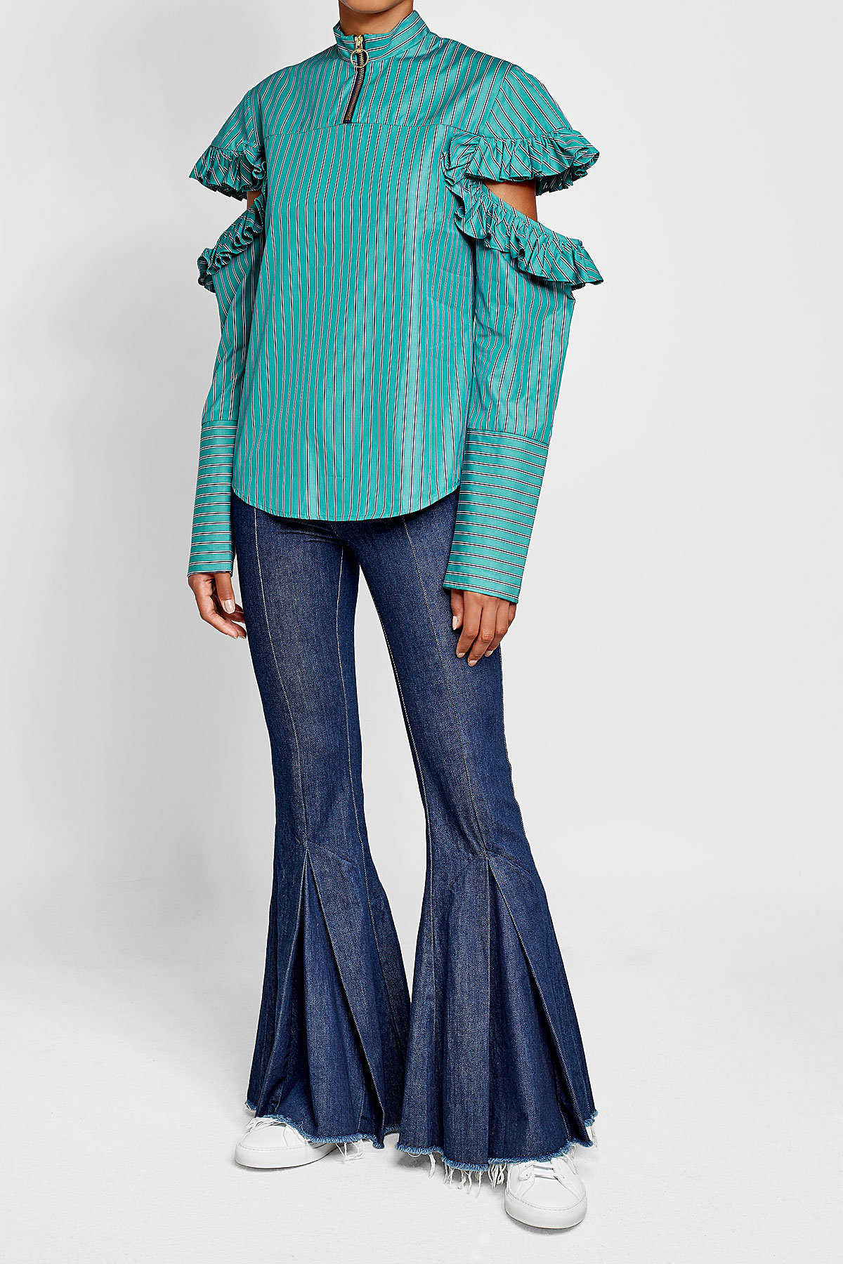 Maggie Cold-Shoulder Cotton Blouse with Ruffles worn with Maggie Marilyn flared jeans - image via Stylebop.com