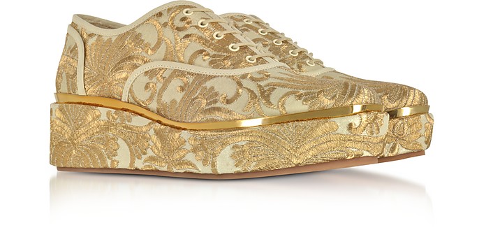 Tory Burch Arden Beige and Gold Embroidered Brocade Platform Oxford Shoes