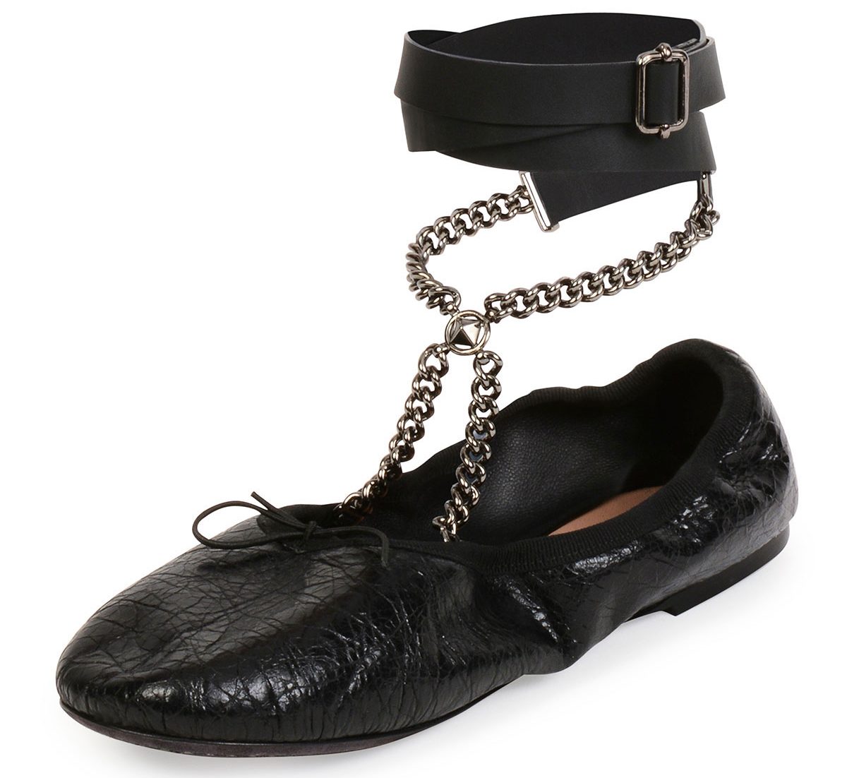 Valentino Rockstud Ballet Chain Ankle-Wrap Leather Flat black