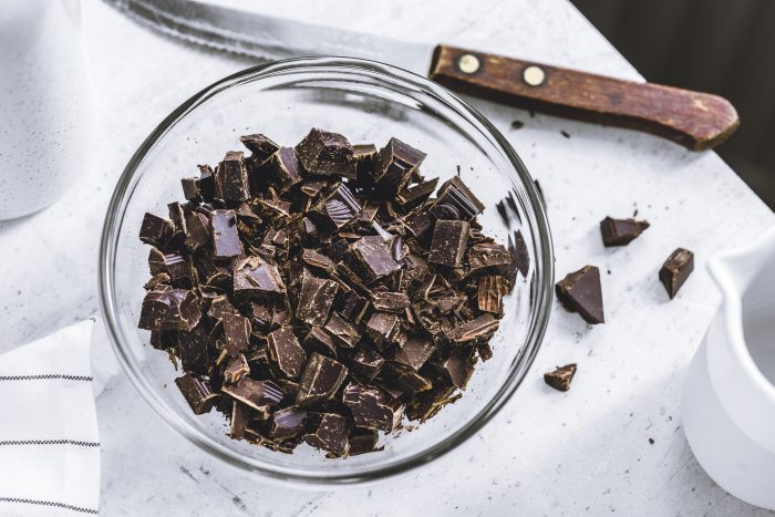 a bowl of chopped dark chocolate