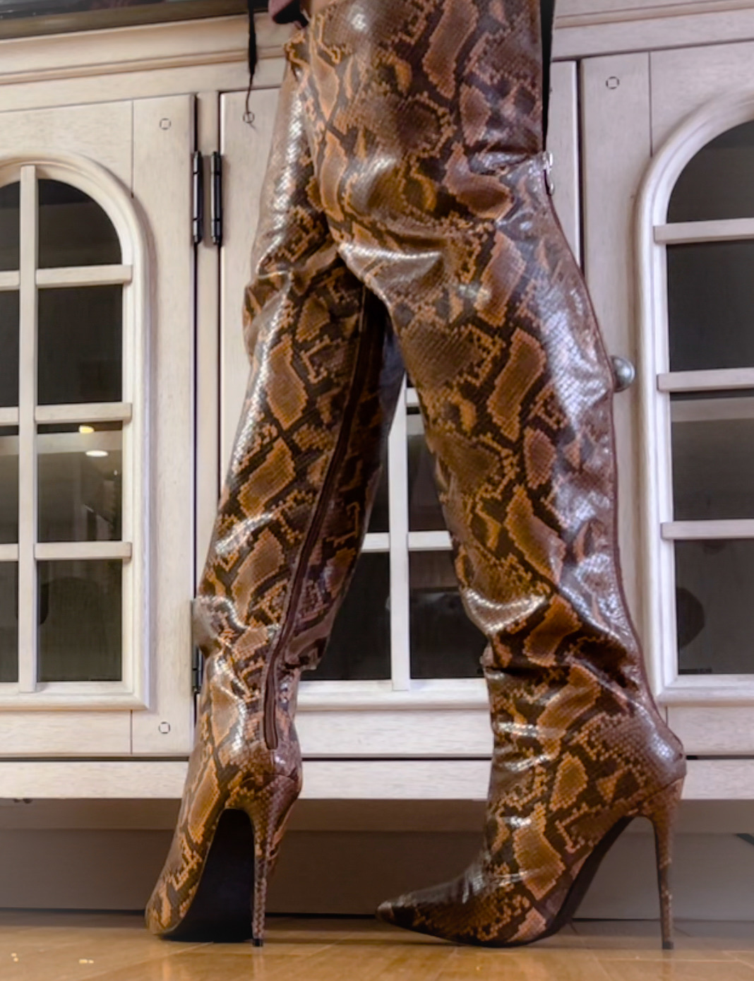 Brown faux snakeskin leather thigh high over the knee boots pretty little thing