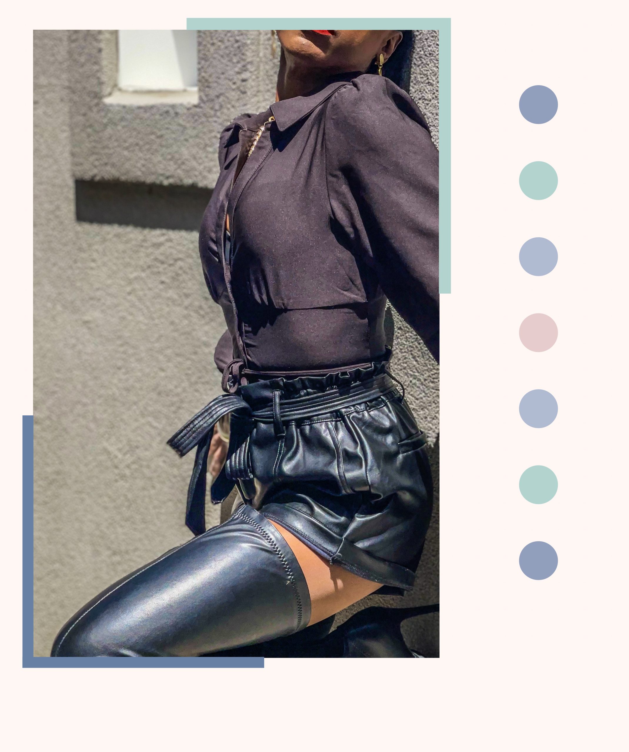 Adelamonica Fashionnova black long sleeve corset button front top faux leather shorts