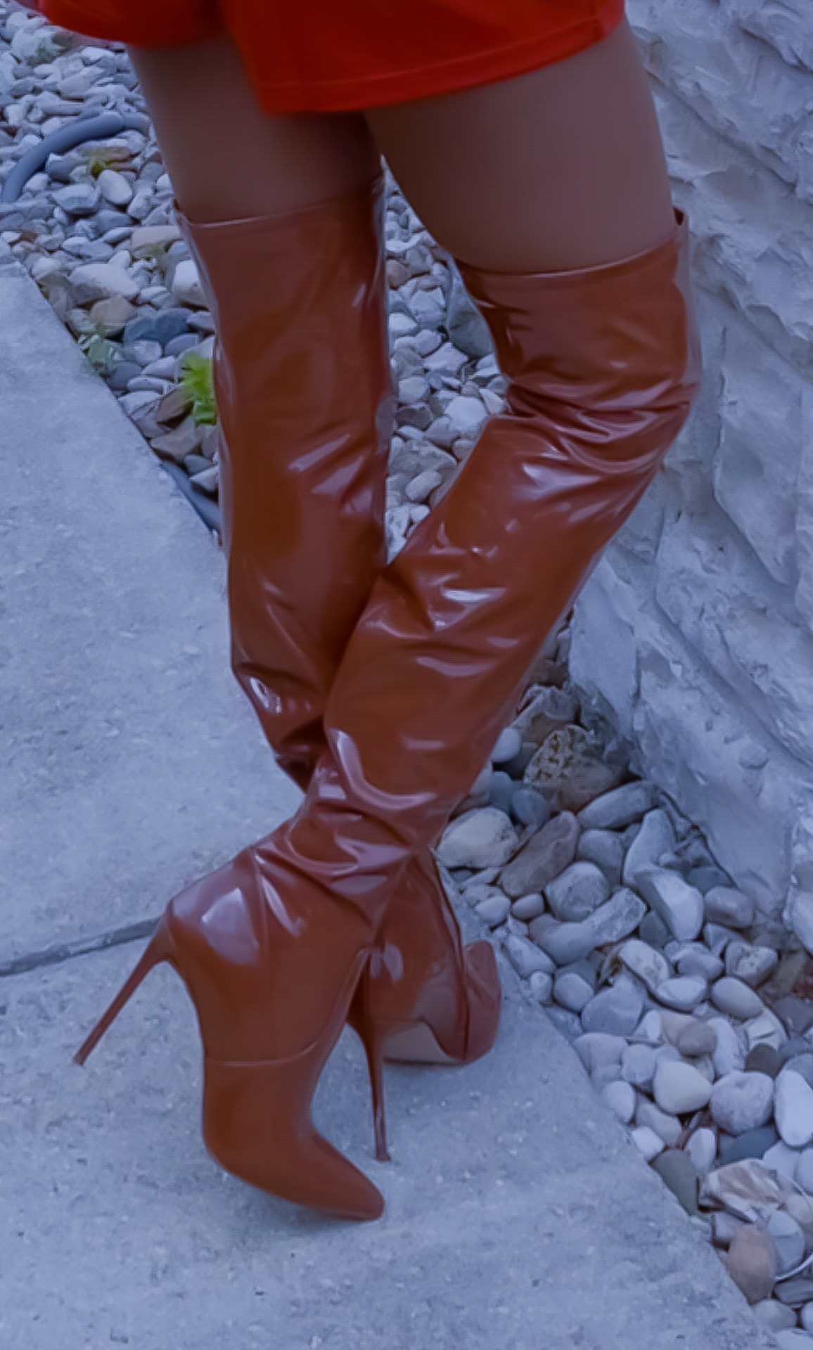 Steve Madden patent faux leather cognac thigh high boots