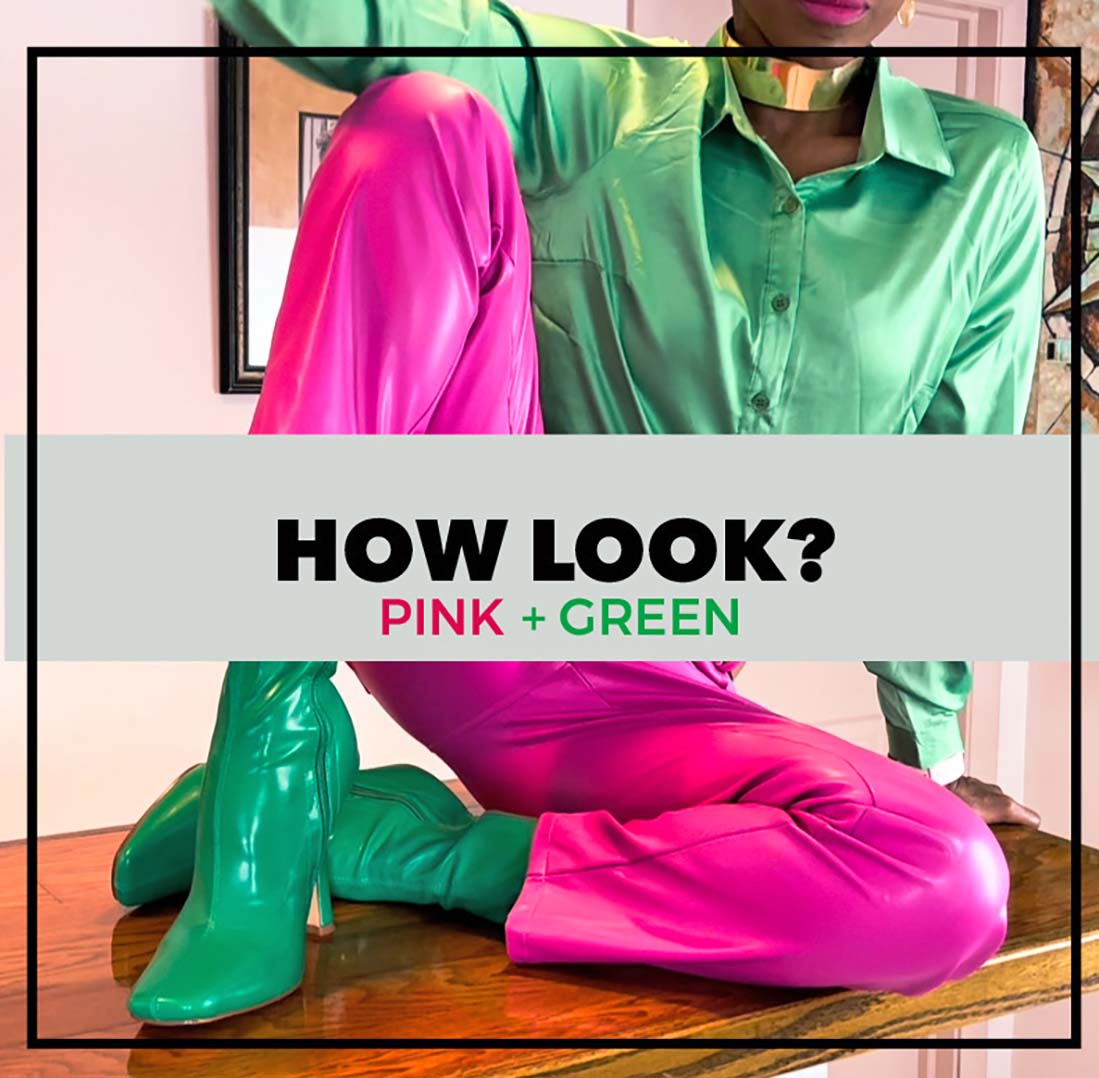 Fashion nova green satin shirt pink faux leather pants Akira green ankle boots square toe
