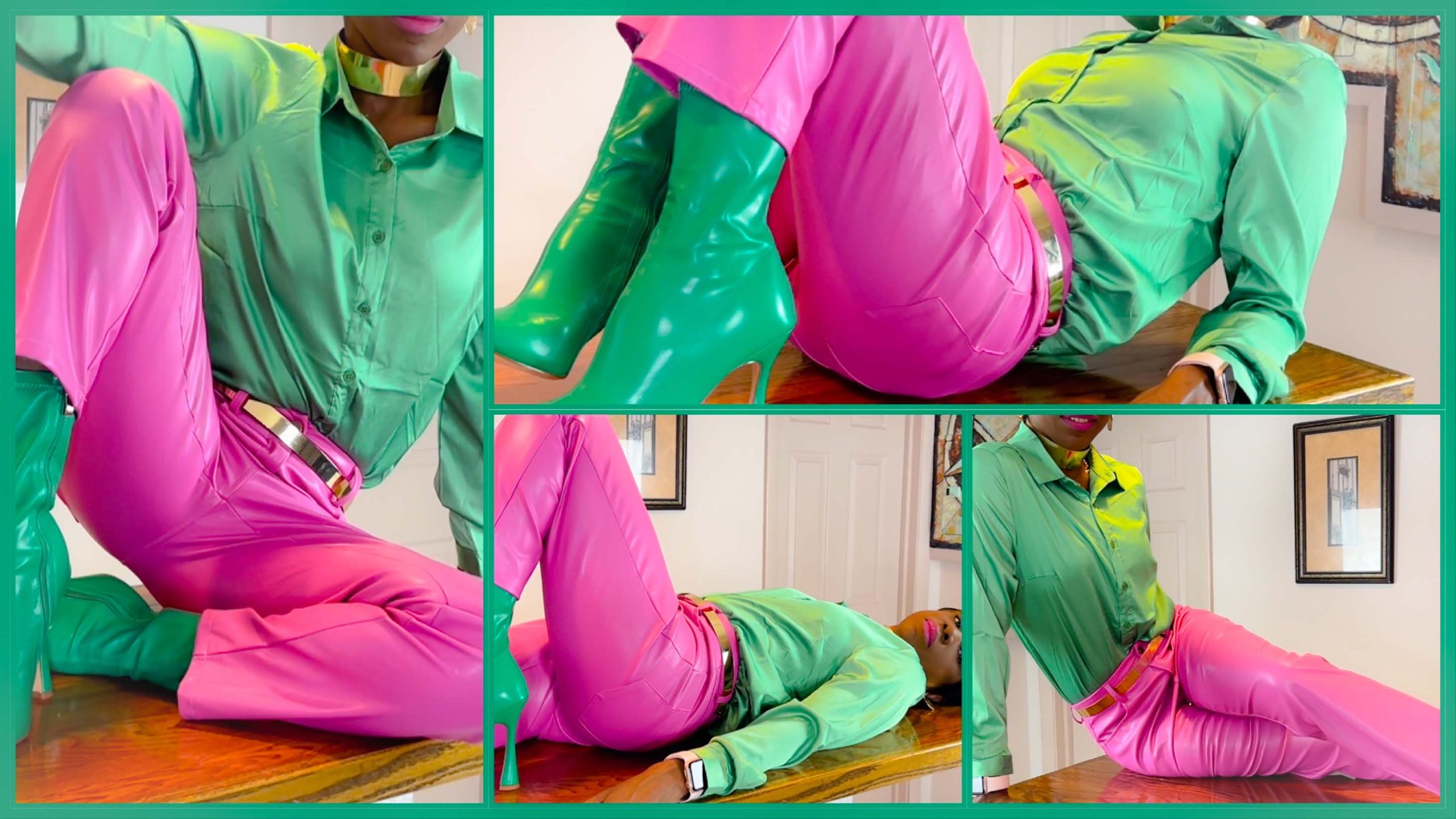 Fashion nova green satin shirt pink faux leather pants Akira green square toe ankle boots