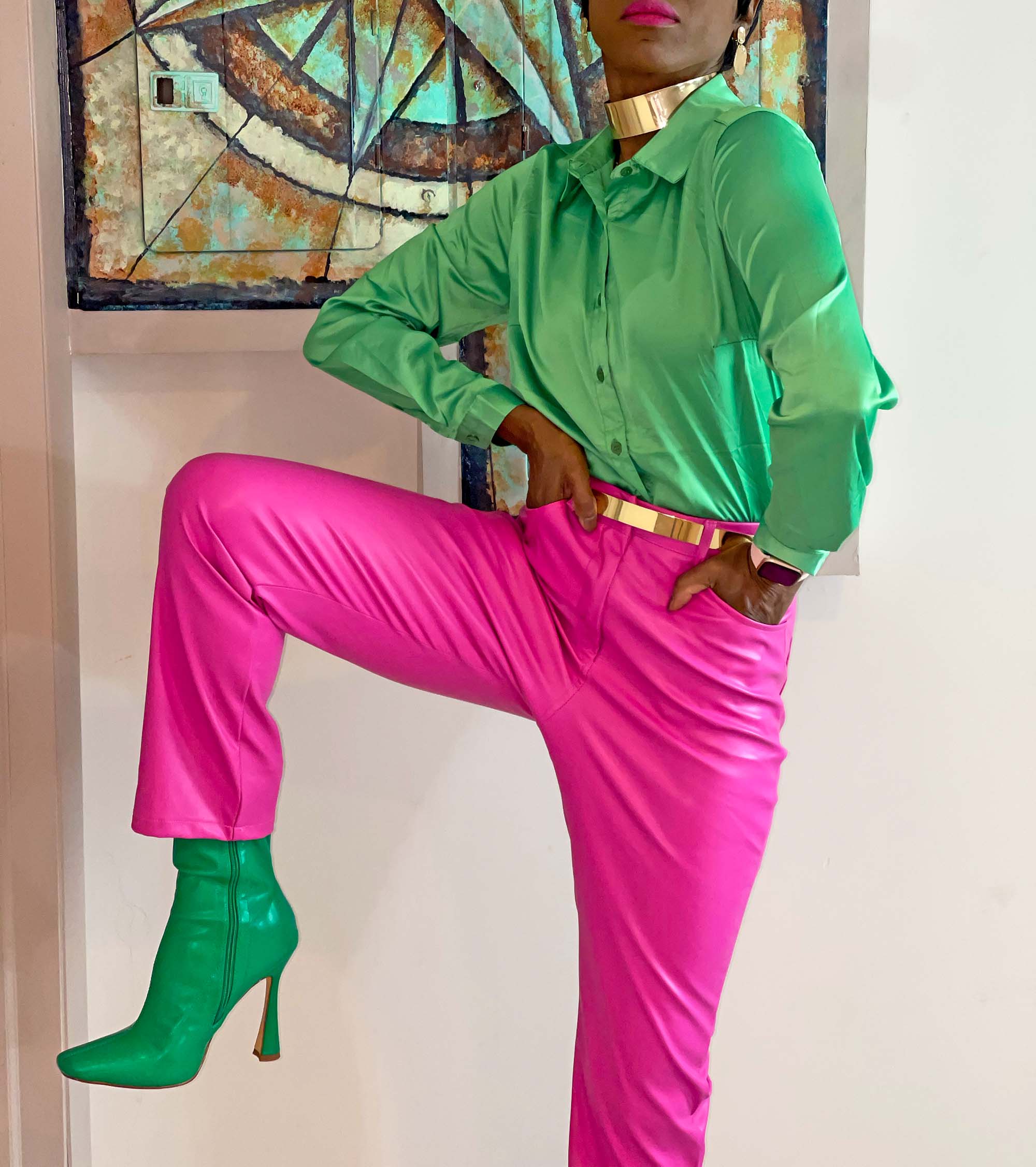 Fashion nova green satin shirt pink faux leather pants