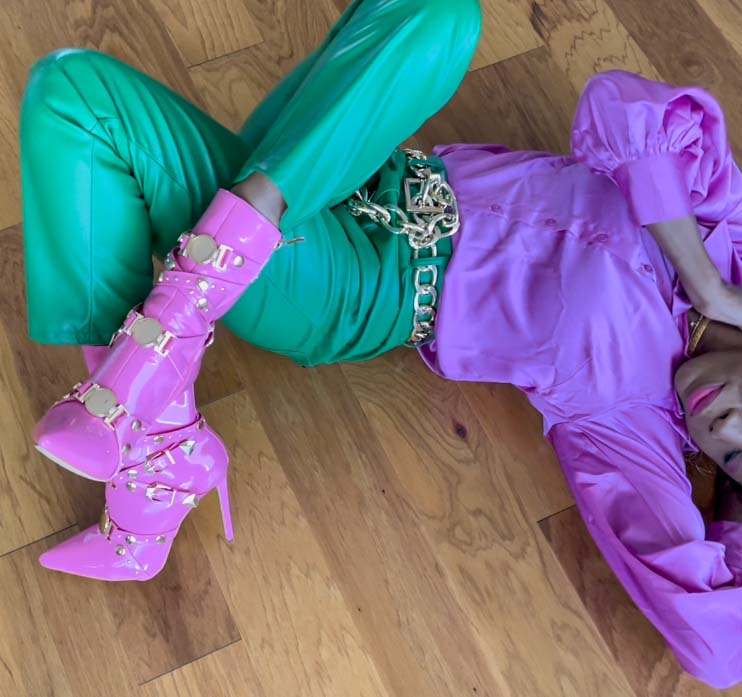 Patent pink faux leather ankle boots green faux leather pants magenta pink satin top 2