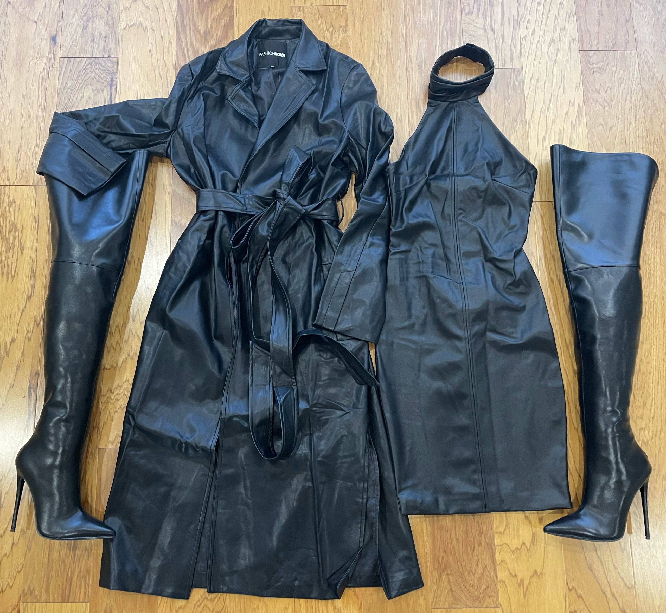 Fashionova black faux leather trench coat femme la scorpio thigh high boots