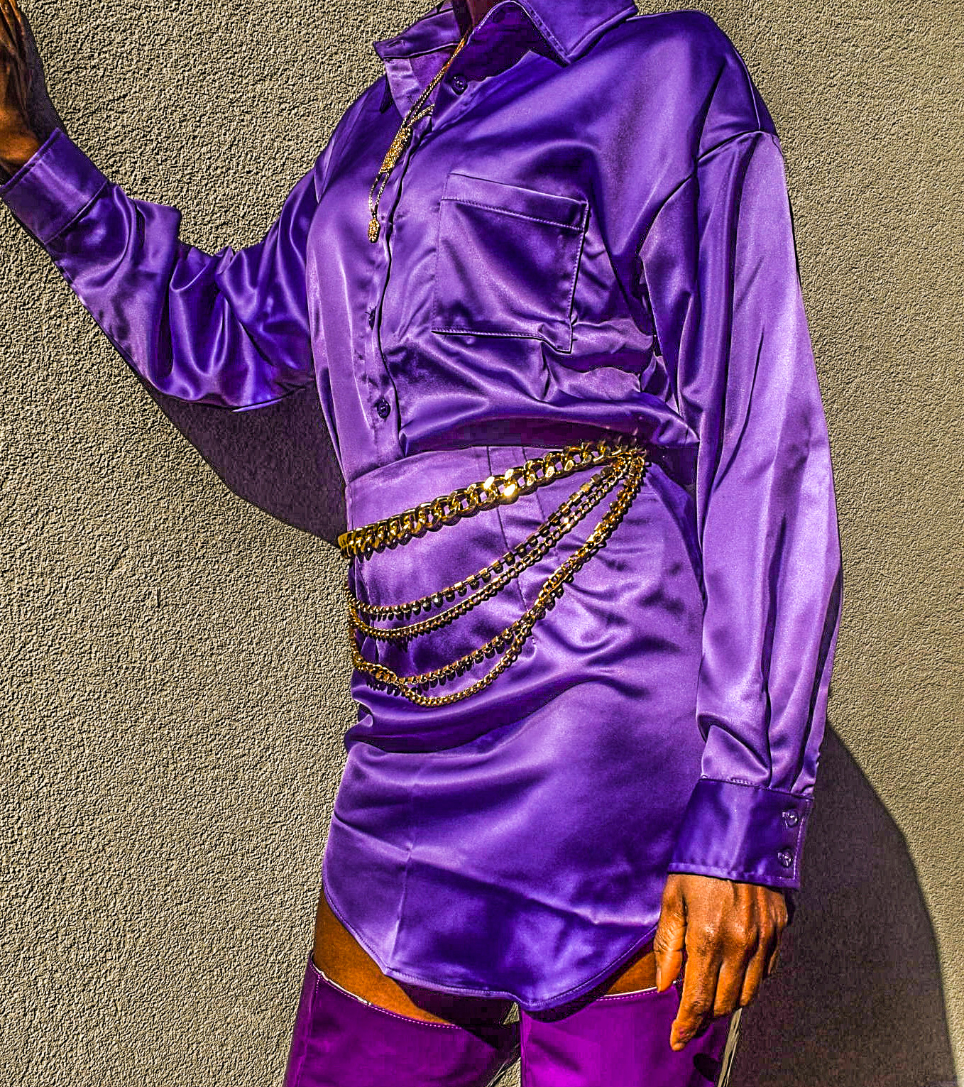 adelamonica purple outfit 2 Fashion Nova Hope You Do Over The Knee Boots purple with Sweet Girl Satin Skirt Set purple2