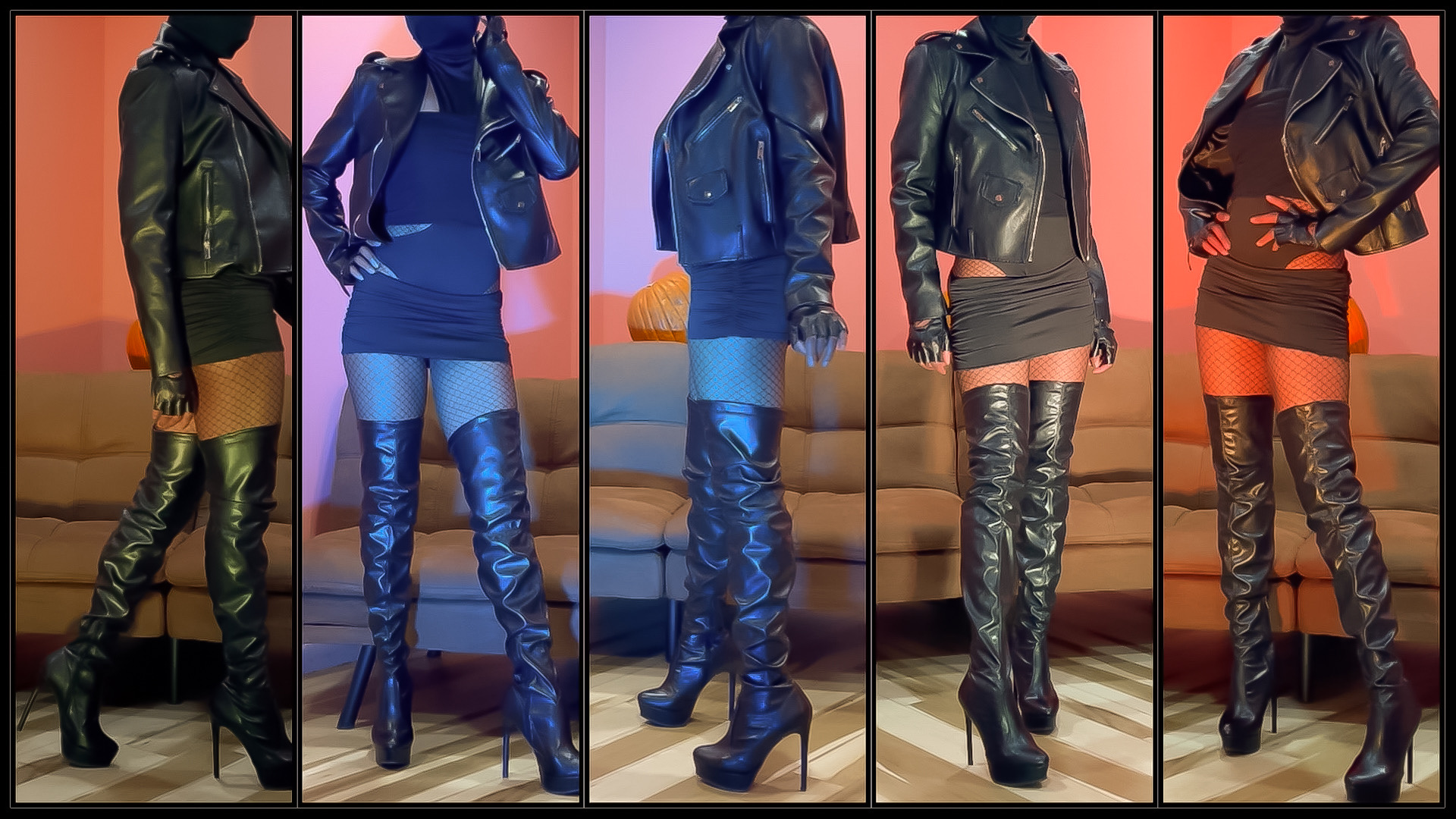 adelamonica the black leather edit halloween 2022 fishnet thigh high mini skirt cutout top