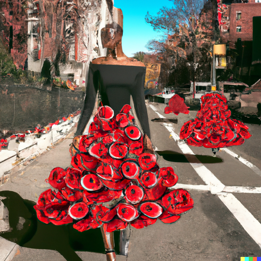 AI fashion design - DALL·E 2023-02-22 11.16.43 - fashion model wearing 3d long sleeves dress made from red roses walking down a street in New York