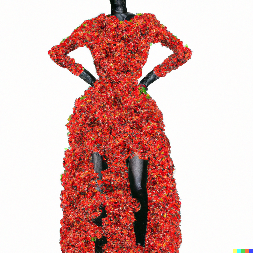 AI generated depiction of a 3d dress made from red roses - DALL·E made dress design via prompt fashion model wearing 3d long sleeves dress made from red roses