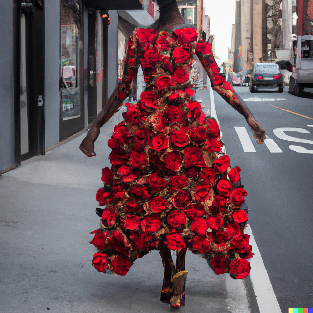AI generated image - DALL·E 2023-02-22 11.16.32 - fashion model wearing 3d long sleeves dress made from red roses walking down a street in New York