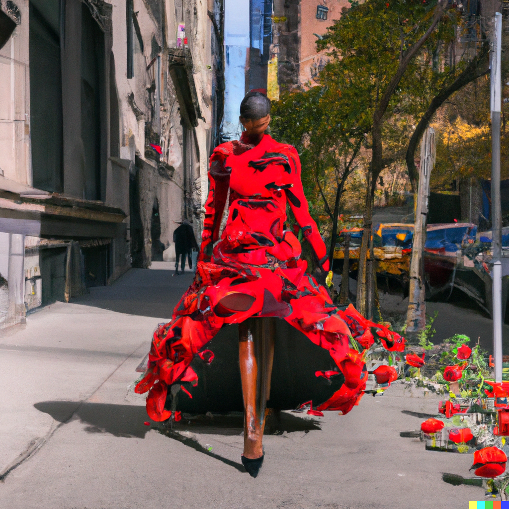 AI generated image - DALL·E 2023-02-22 11.16.39 - fashion model wearing 3d long sleeves dress made from red roses walking down a street in New York