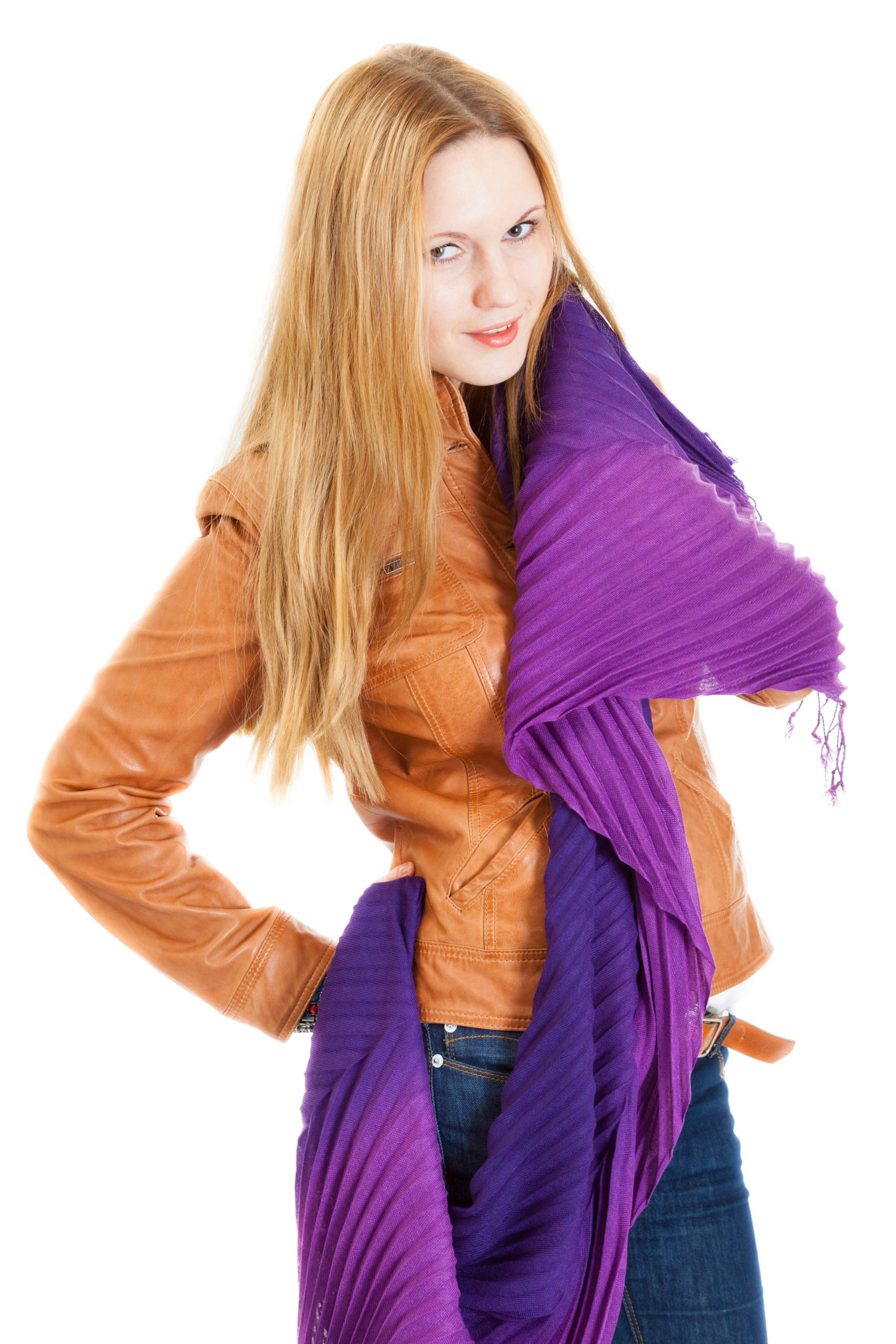 Stock photo model wearing a purple scarf for a pop of color
