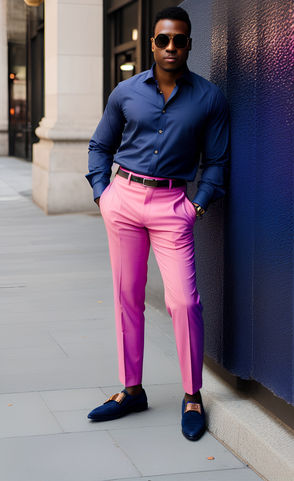 ai generated image of man wearing navy blue shirt with pink trousers