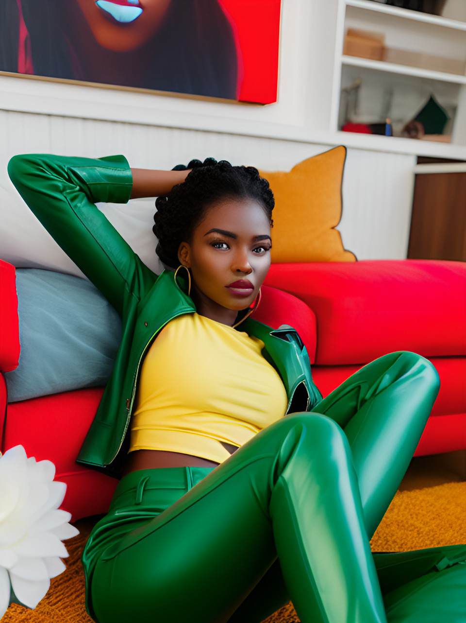 ai generated model wearing green and yellow leather outfit pants top