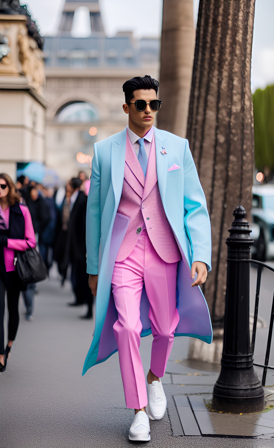 ai male model walking down Paris stree wearing pink suit with blue coat blue tie