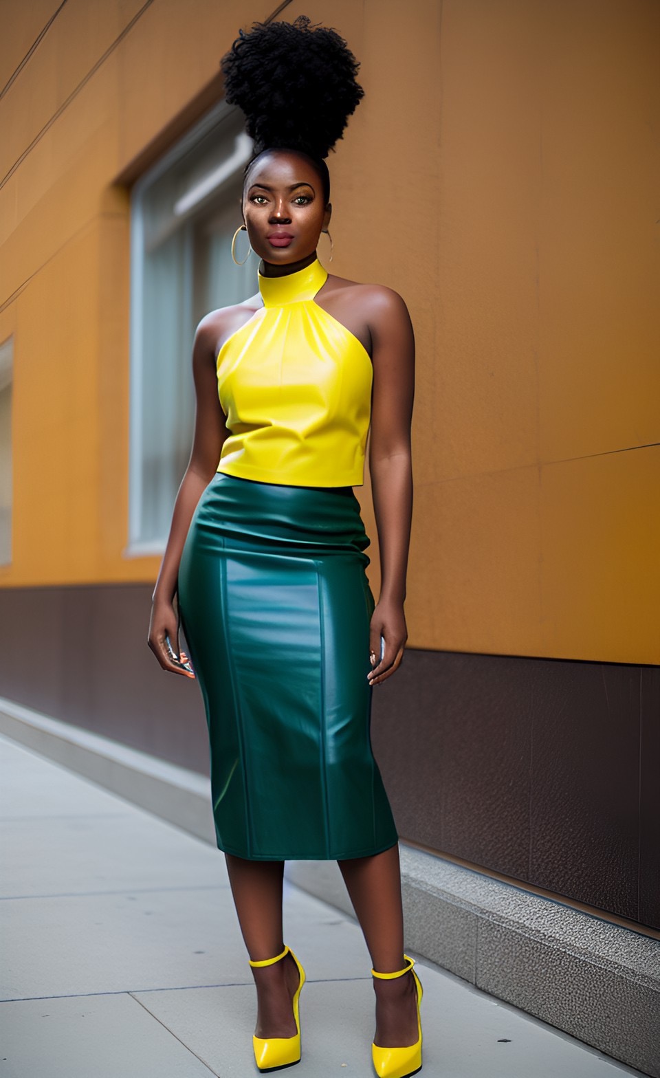 ai model wearing high waisted dark green leather pencil skirt with yellow halter leather top and yellow heels