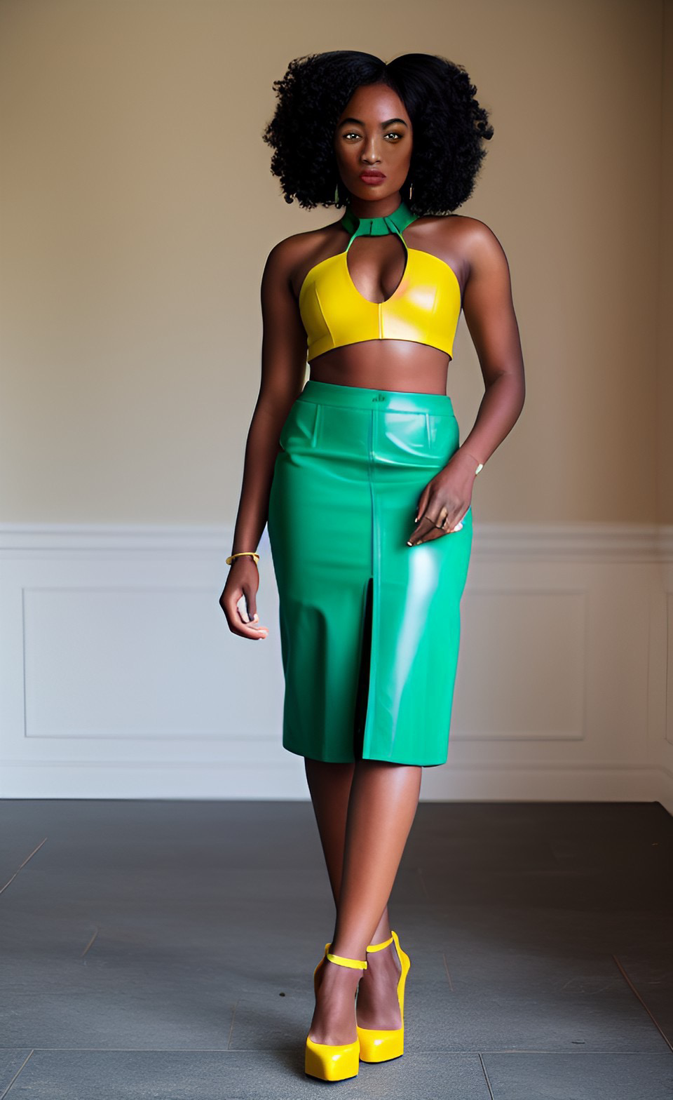 ai model wearing high waisted green leather pencil skirt with yellow-green halter leather crop top and yellow heels