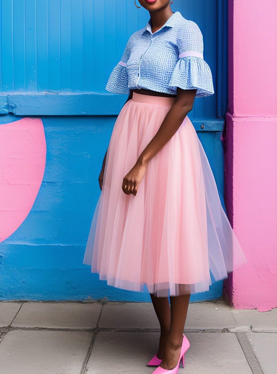 ai model wearing pink tulle skirt with blue top