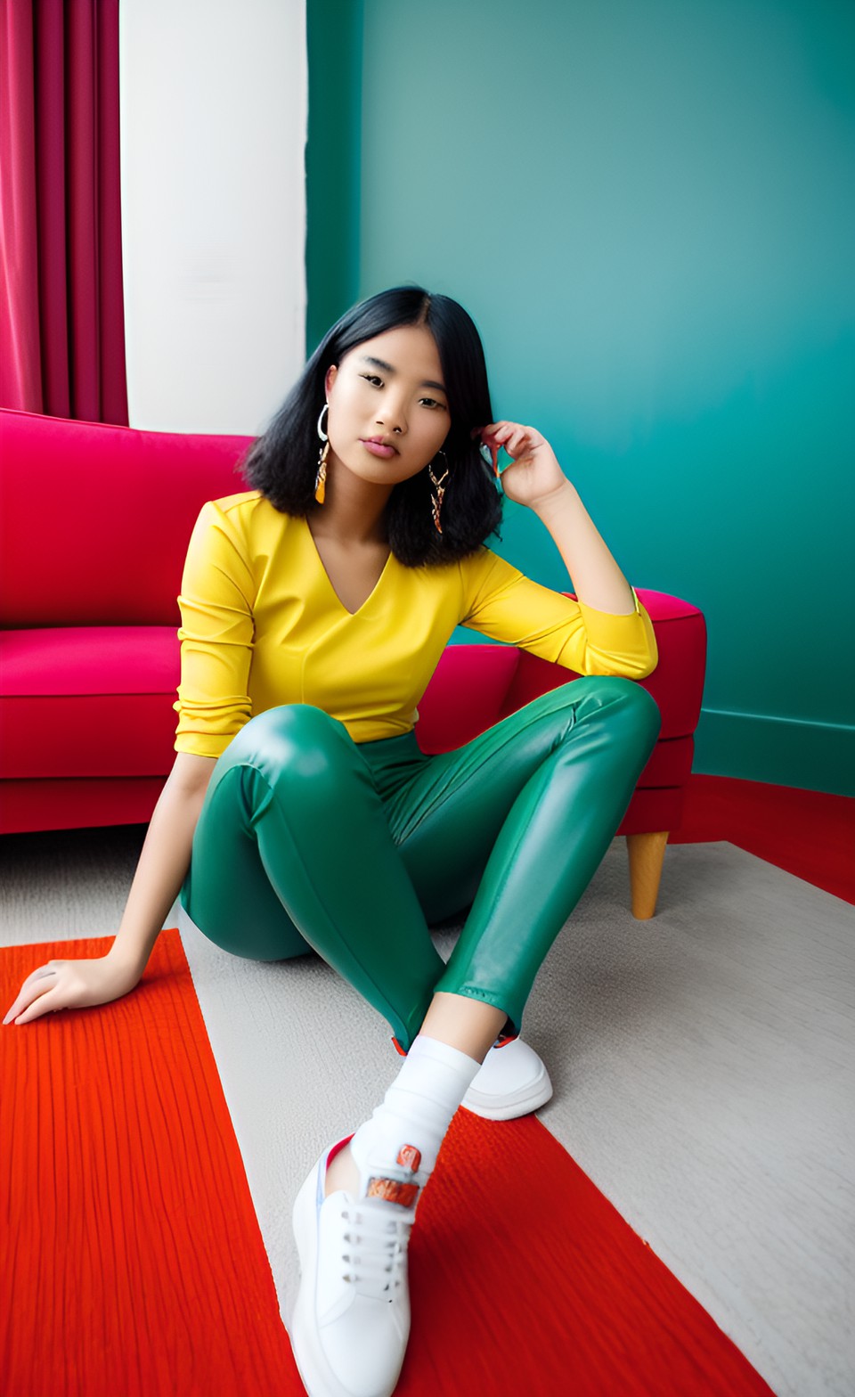 ai model wearing yellow leather top with green leather pants