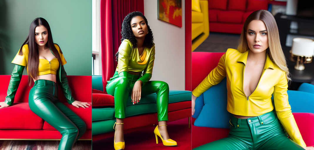 ai models wearing green leather pants leather yellow top outfit