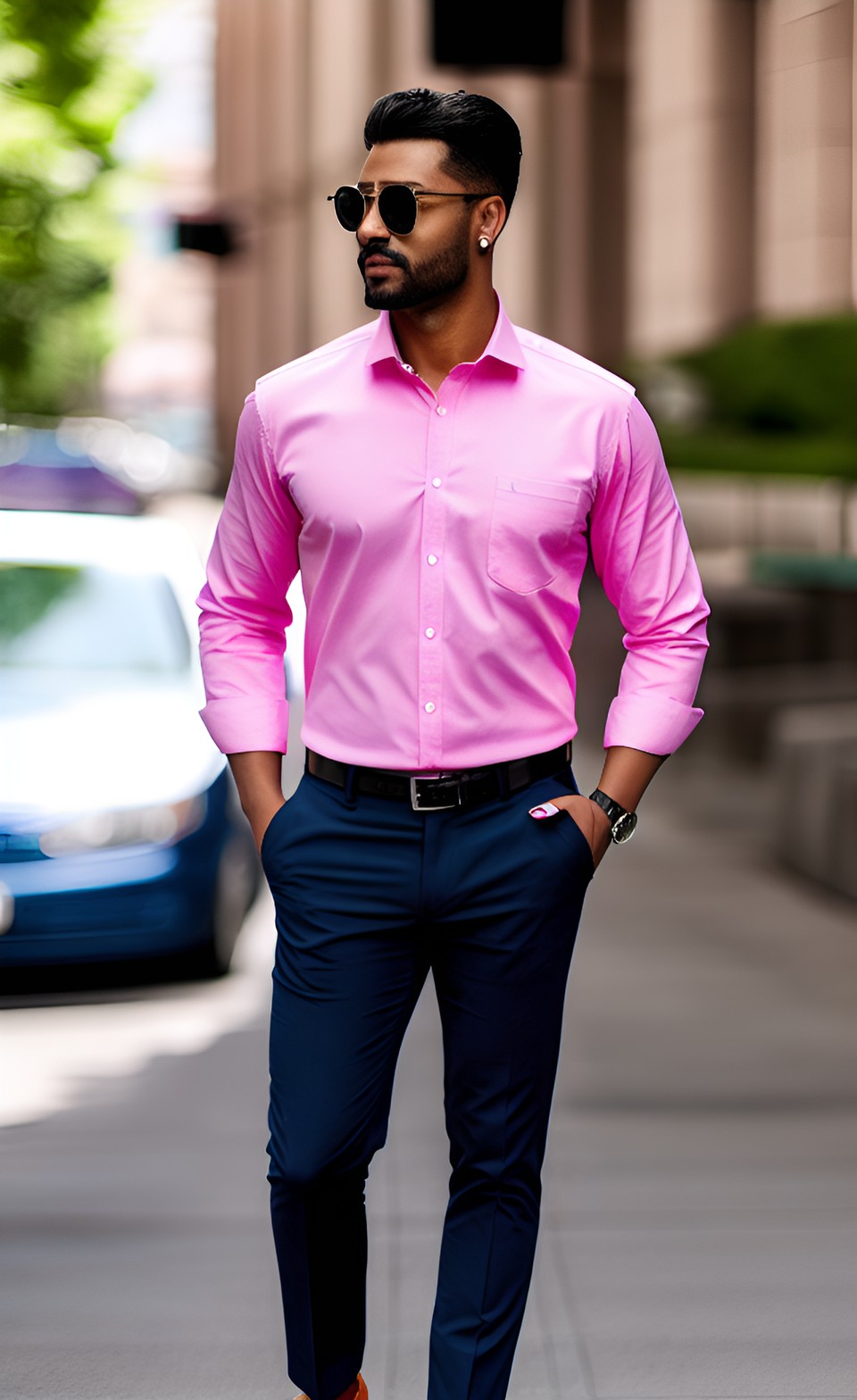 man walking on sidewalk wearing pink shirt with navy blue pants
